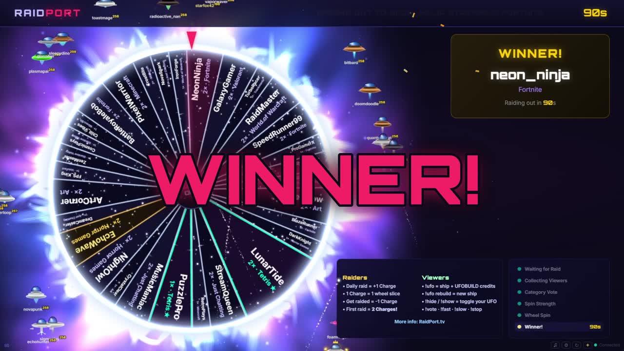 The RaidPort gameshow wheel landing on a winner, from the demo video